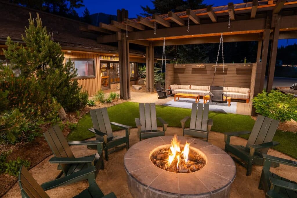 Station House Inn exterior with fire pit, South Lake Tahoe